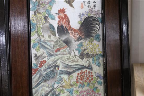 A pair of Chinese porcelain panels, painted with birds and inscribed, 73cm x 18cm